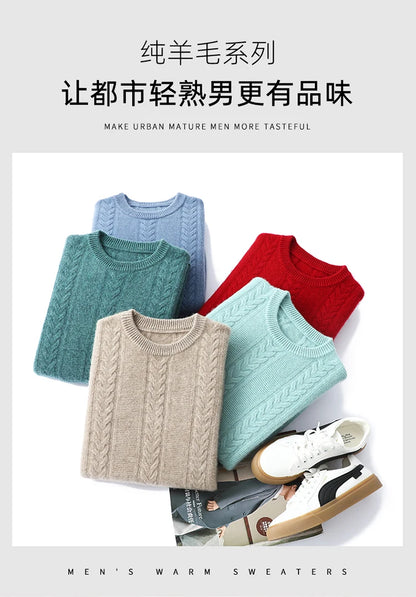 100% Merino Wool Sweater Men's Round Neck Thickened Tops Autumn Winter New Soft Warm Casual Solid Color Knitted Pullover