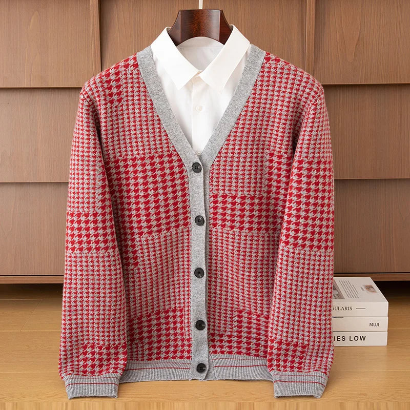 Men's V-Neck Cardigan Business Casual Jacquard Thickened Jacket 100% Merino Wool Knit Coat Autumn Winter Warmth Men's Clothing