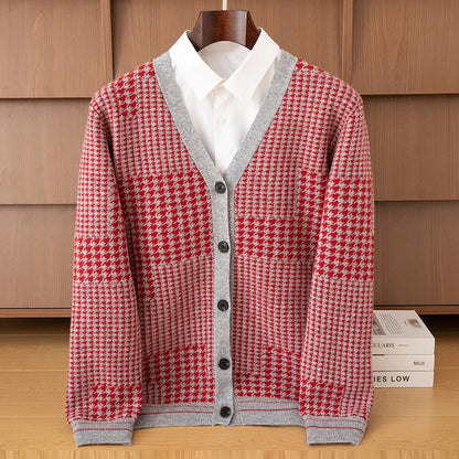 Men's V-Neck Cardigan Business Casual Jacquard Thickened Jacket 100% Merino Wool Knit Coat Autumn Winter Warmth Men's Clothing