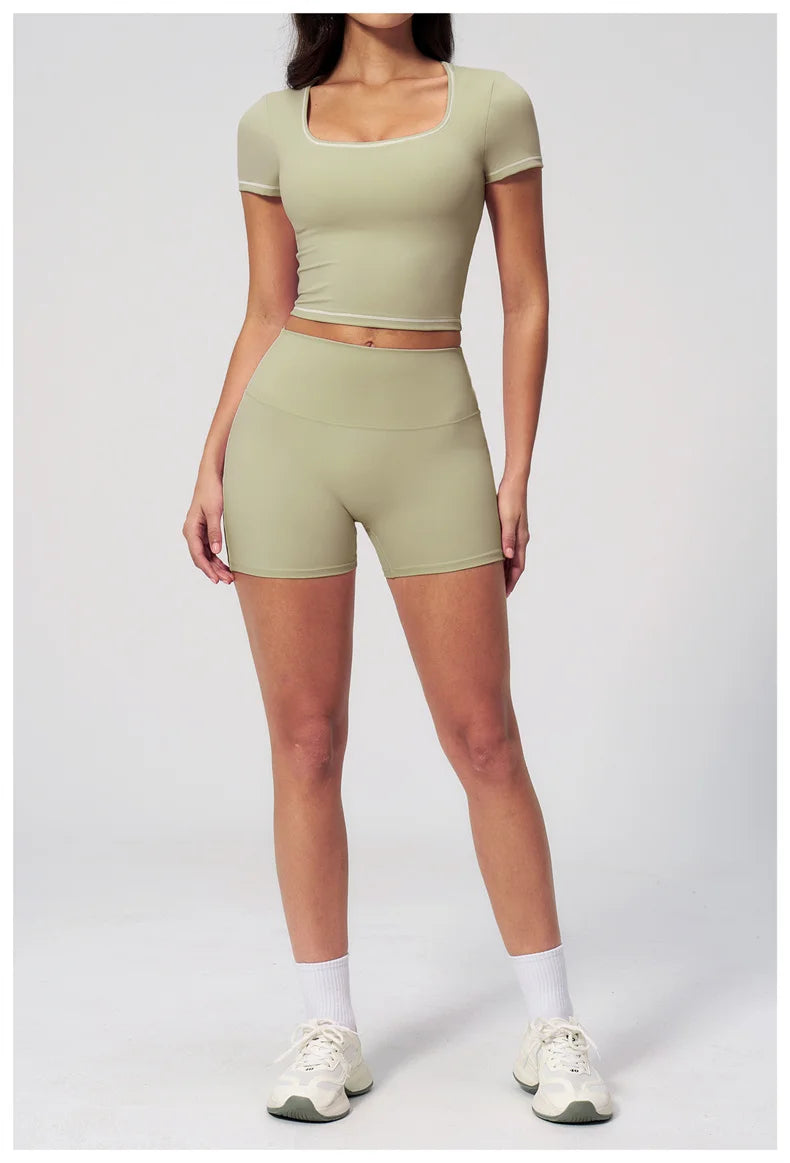 TRY TO BN 2 Pieces Women's Tracksuit Yoga Short Sleeves Top Sets High Waist Shorts Contrasting Color Running Fitness Gym Clothes