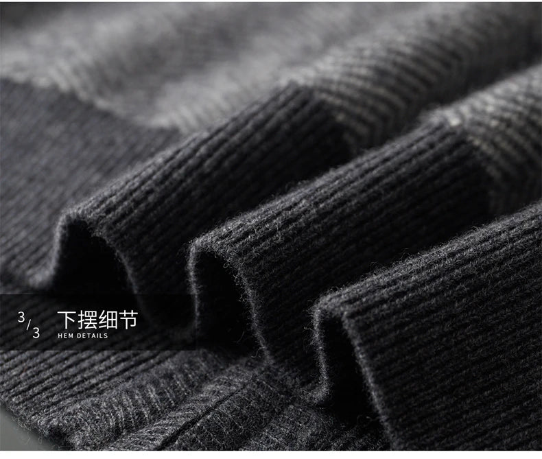Autumn Winter 100% Merino Wool Knitted Zipper Cardigan Men's Half High Collar Herringbone Pattern Thick Coat Casual Warm Jacket