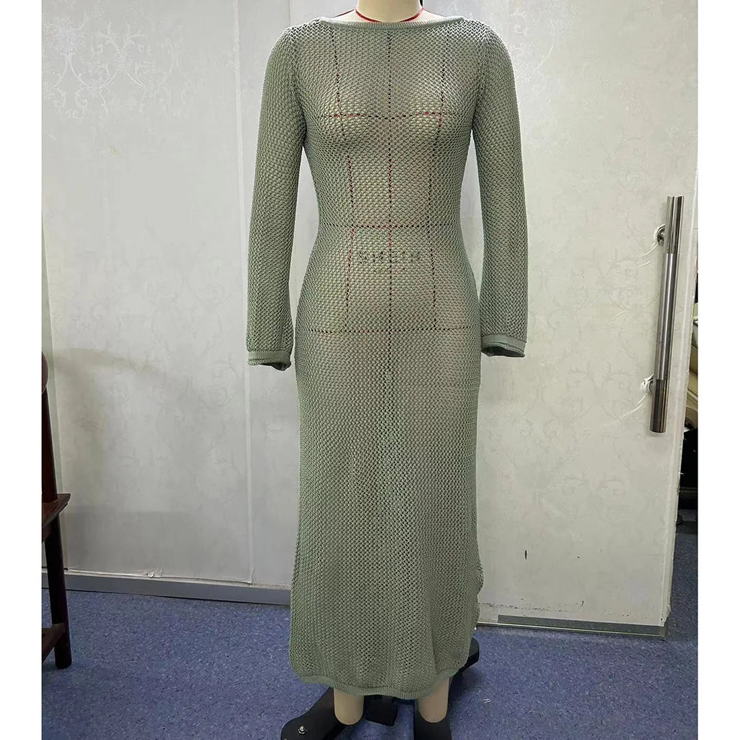 Sexy Long Sleeve Hollow Out Crochet Knitted Tunic Beach Cover Up Cover-ups Beach Dress Beach Wear Beachwear Female Women V5319