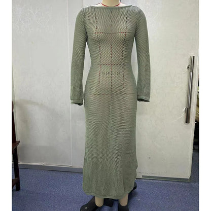 Sexy Long Sleeve Hollow Out Crochet Knitted Tunic Beach Cover Up Cover-ups Beach Dress Beach Wear Beachwear Female Women V5319