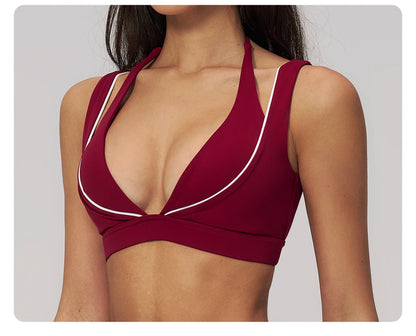 Color Contrast Deep-V Sports Bra Women's Gym Fitness Yoga Top Backless Breathable Sports Underwear Female Push Up Workout Top