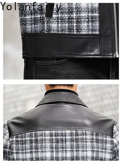 YOLANFAIRY Plaid Wool Spliced Genuine Sheepskin Jacket for Man Spring Autumn Short Woolen Coat Turn Down Collar abrigo hombre