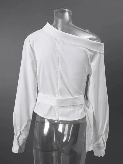 DEAT Fashion Belted Waist Shirt Women's One Shoulder Asymmetrical Collar Long Sleeve White Blouse Sumemr New