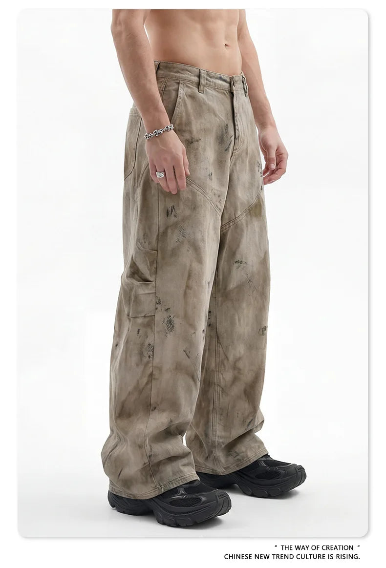 Custom LOGO men's 270G pure cotton high street retro casual pants scimitar denim texture mud yellow old loose wide-leg pants