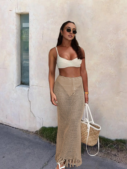 Sexy Summer Knit Cut Out Beach Half Skirt Women Chic Drawstring Fringed Casual Wrap Skirts 2026 Pool Party Swimwear Cover Up K50