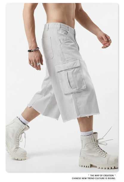Custom LOGO men's 310G heavy 100% cotton summer American street multi-pocket retro washed old loose tooling seven-point shorts