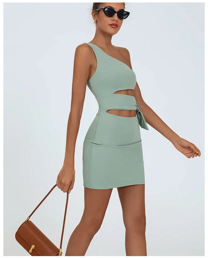 Tennis Dress Women Golf One Shoulder Hollow Out Bandage Slim Fit Fitness Tennis Short Skrit Badminton Dress One-Pieces Yoga Set