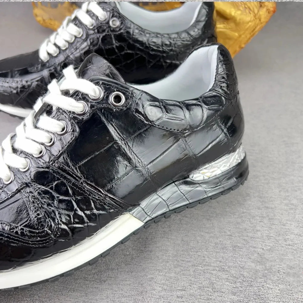 2026 new authentic crocodile leather men's black sneakers real crocodile leather men's soft lace-up casual shoes
