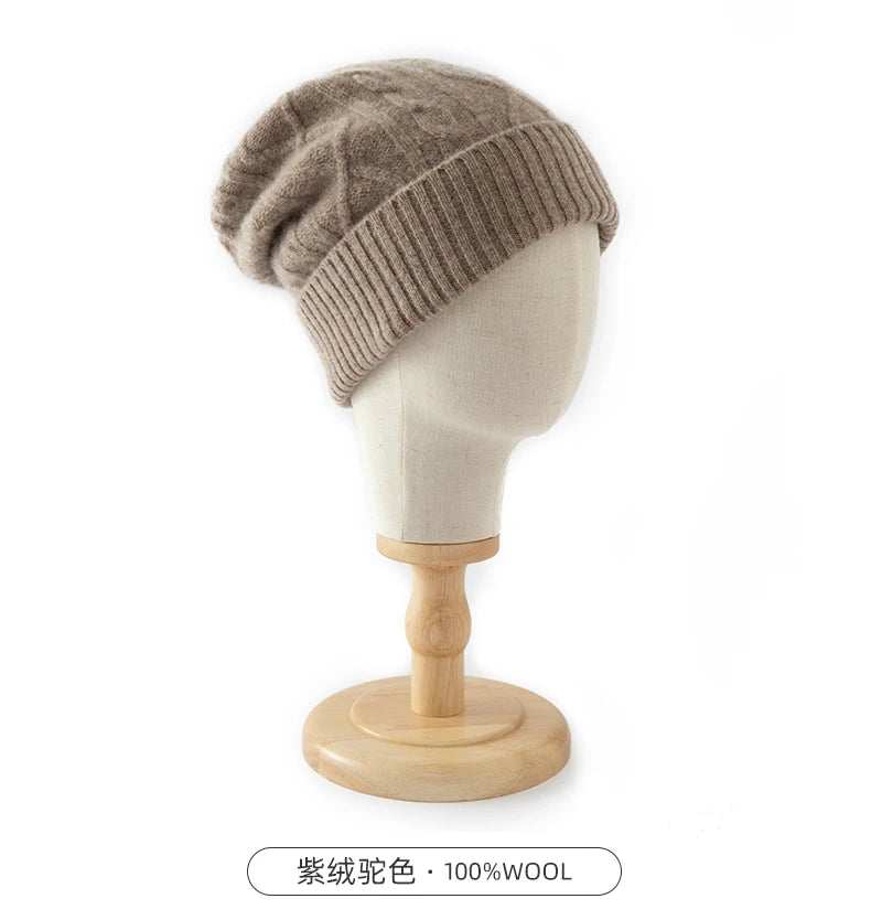 DjzDsm 100%Pure Wool Women's Hat For Winter Warm Soft Luxury Cashmere Twists Slouchy Street y2k Women's Hat