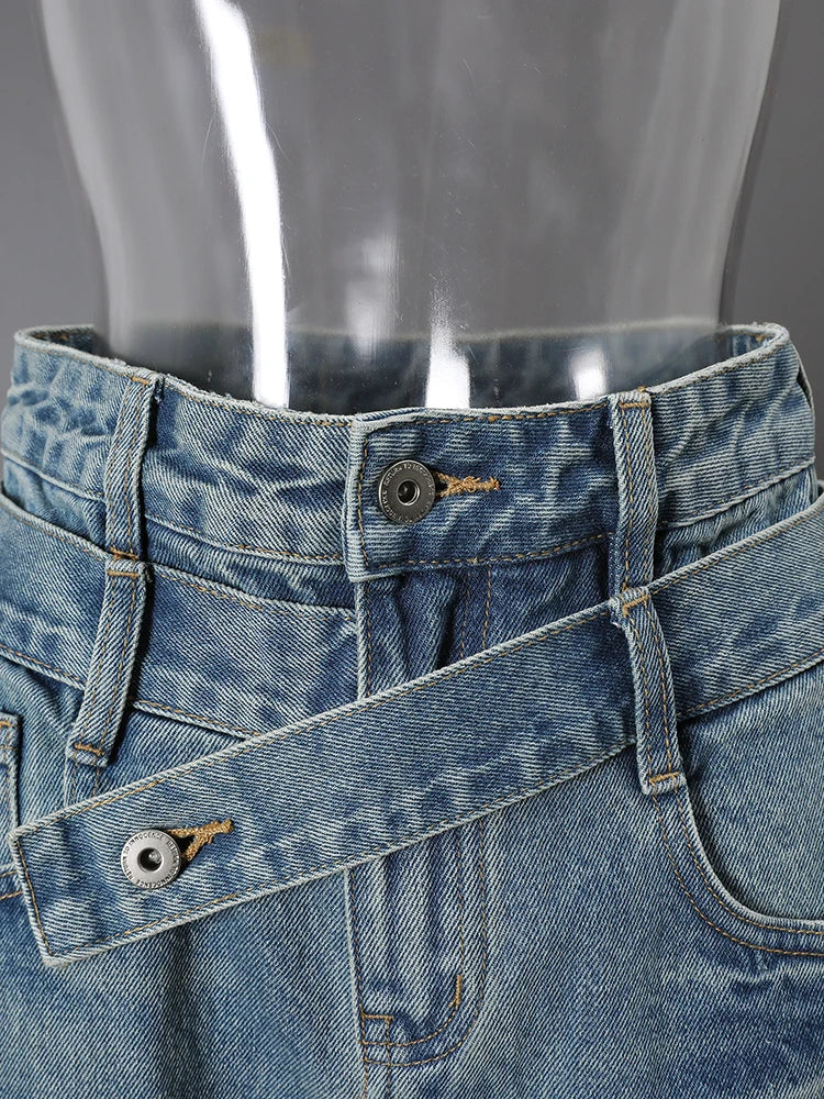 DEAT Fashion Cross Buckle Waist Baggy Jeans Women's High Waist Loose Fit Vintage Blue Denim Pants Sumemr New