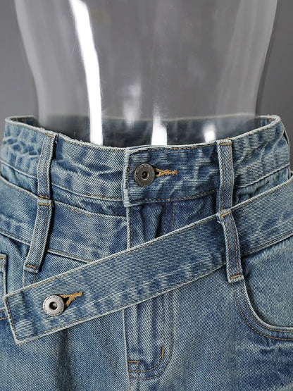 DEAT Fashion Cross Buckle Waist Baggy Jeans Women's High Waist Loose Fit Vintage Blue Denim Pants Sumemr New