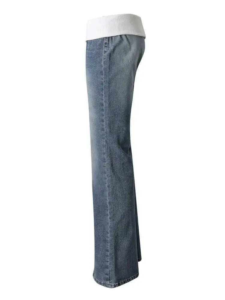 DEAT Fashion Fold Over Waist Flare Jeans Women's Low Waist Slim Light Blue Denim Pants Summer New