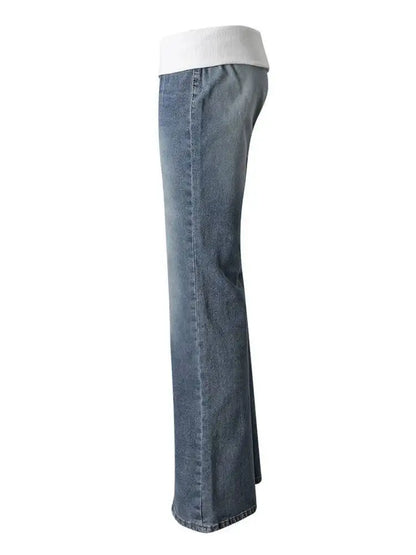 DEAT Fashion Fold Over Waist Flare Jeans Women's Low Waist Slim Light Blue Denim Pants Summer New