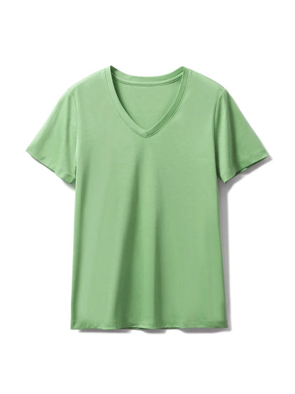 SuyaDream,Women Solid T shirts, 10%Silk 58%Cotton, V Neck, Short Sleeved Tee, 2025 Summer Candy Colors Basic Cozy Top