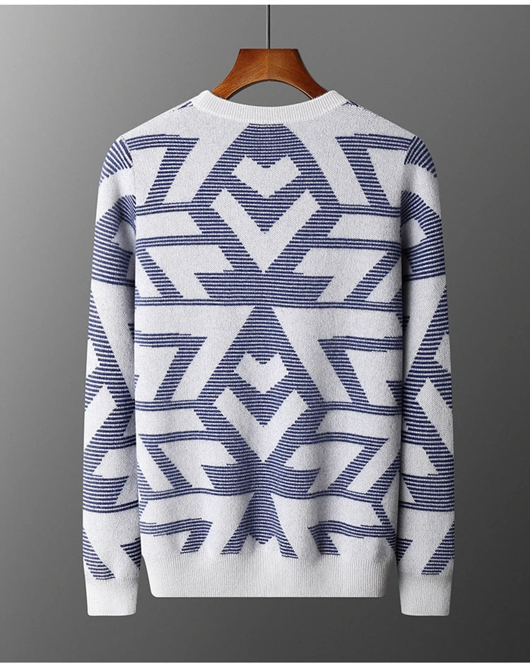 Men's Autumn Winter New 100% Cashmere O-Neck Sweater Fashion Knitted Jacquard Pullover Top Color blocked Thickened Men's Wear