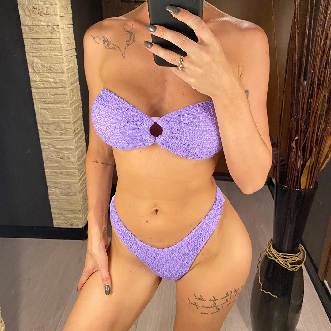 Wrinkled Bandeau High Cut Bikini Women Swimwear Female Swimsuit Two-pieces Bikini set Strapless Bather Bathing Suit Swim V3367