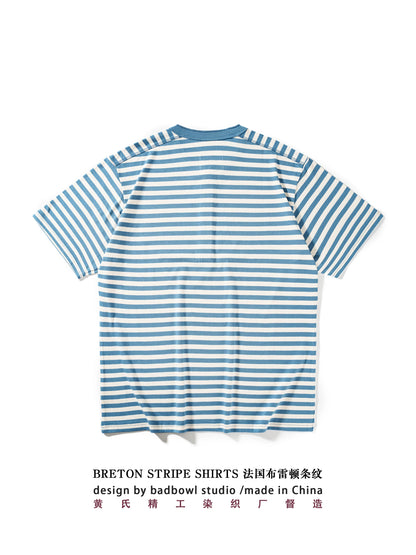 American Retro Sea Soul Shirt 270g Heavy Cotton T-shirt Men's Casual Round Neck Short Sleeve T-shirt Striped Base T-shirt