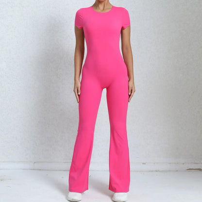 Women's Tracksuit Yoga Set Backless Jumpsuits Back V One Piece Fitness Rompers Short Sleeves Sportswear Gym Set Workout Clothes
