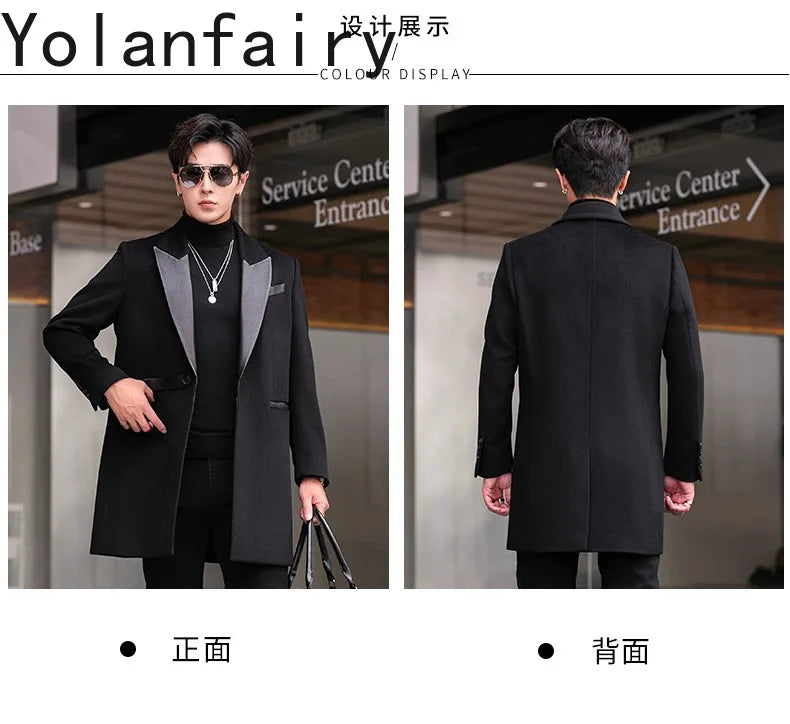 YOLANFAIRY 2025 Autumn Genuine Sheepskin Patchwork Wool Coat Man Clothing Men's Mid-length Suit Windbreaker Trendy Woolen Jacket
