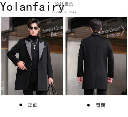YOLANFAIRY 2025 Autumn Genuine Sheepskin Patchwork Wool Coat Man Clothing Men's Mid-length Suit Windbreaker Trendy Woolen Jacket