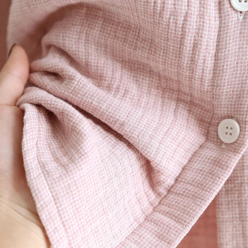 2026 Spring and Autumn New Couple Pajama Set 100% Pure Cotton Crepe Cloth Men's and Women's Stand up Neck Simple Home Clothing