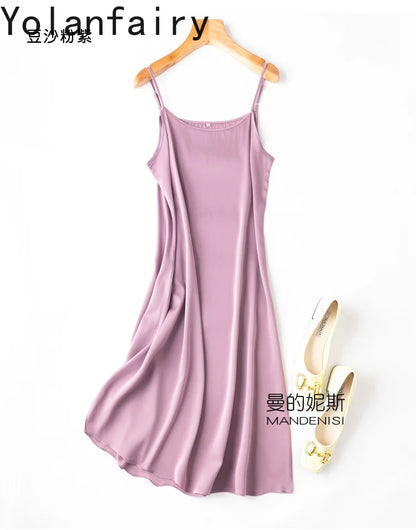 YOLANFAIRY 19momme 93% Mulberry Silk Spaghetti Strap Dress for Women Elegant Mid-length Sexy Real Silk Summer Dresses Woman 원피스