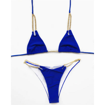 7 Colors Sexy Halter Bikini Female Swimsuit Women Swimwear Two-pieces Bikini set Metal Chain Bather Bathing Suit Swim Lady V2362