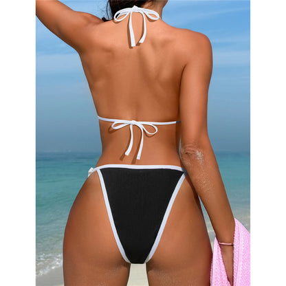 Black White Pearls High Cut Bikini Female Swimsuit Women Swimwear Two-pieces Bikini set Ribbed Bather Bathing Suit Swim V6315