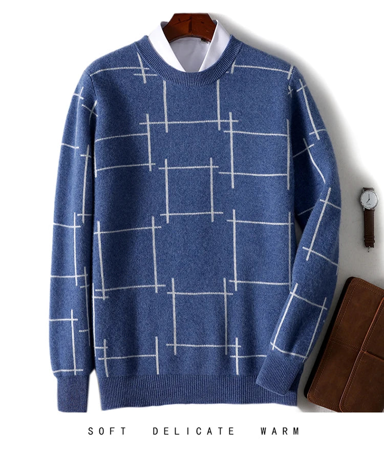 Autumn/Winter 100% Pure Wool Men's O-Neck Thick Business Sweater Loose Casual Wool Knit Bottoming Shirt Men's Sweater