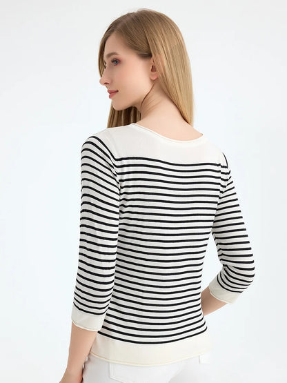 SuyaDream, Striped Pullovers for Woman, Round Neck, 45%Silk 55%Lyocell, 3/4 Sleeves, Chic Sweaters, 2025 Fall Winter Top, Black