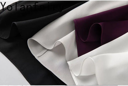 YOLANFAIRY 93% Real Mulberry Silk Shirts for Women Spring 2026 Elegant Solid Long Sleeve Shirt Woman Top Ribbon OL Blouses Trend