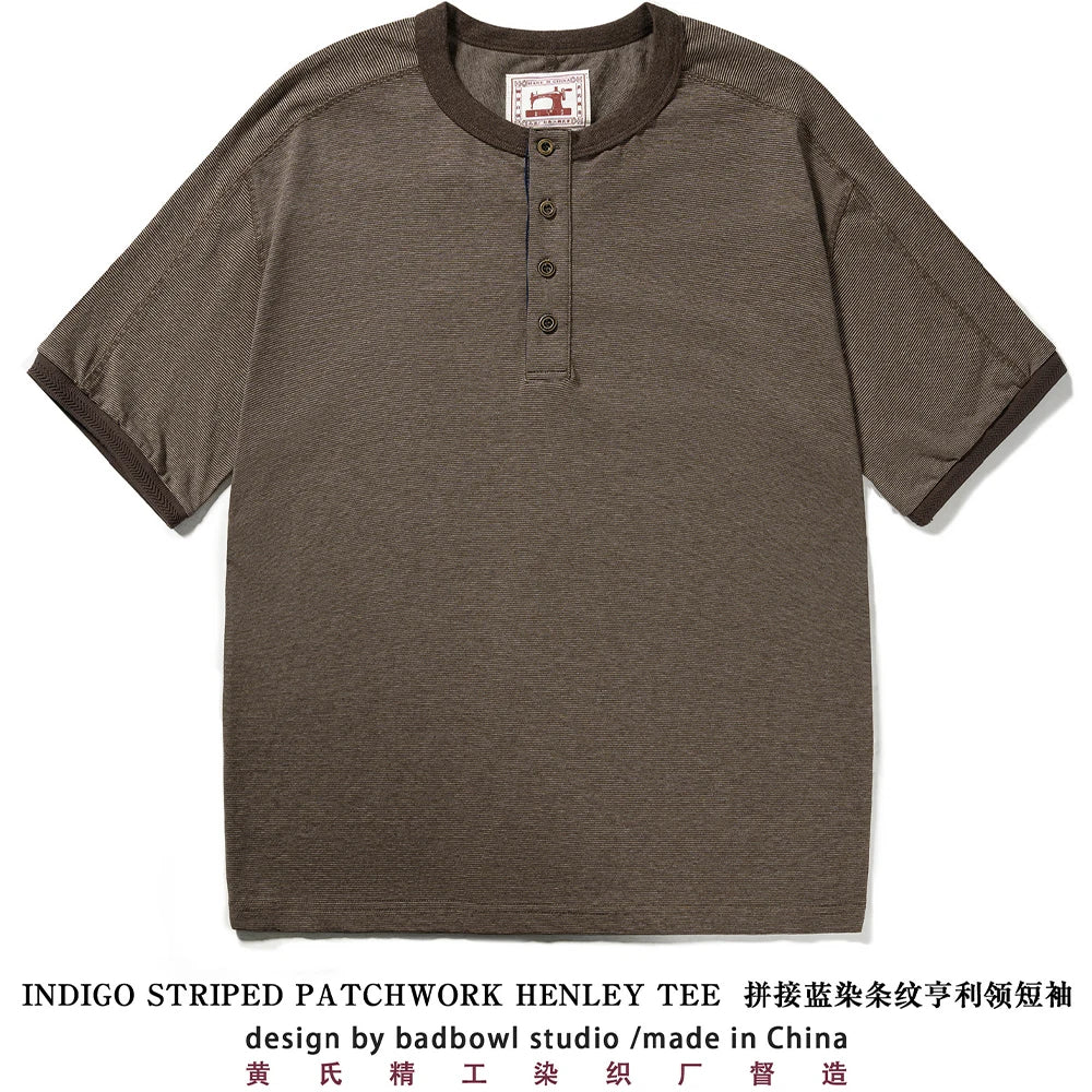 Men's American Retro T-shirt Heavyweight Loose Fit Short Sleeve Henry Collar Neutral Design Casual Loose Shirt