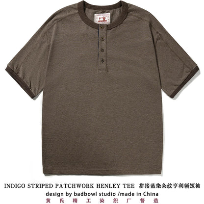 Men's American Retro T-shirt Heavyweight Loose Fit Short Sleeve Henry Collar Neutral Design Casual Loose Shirt