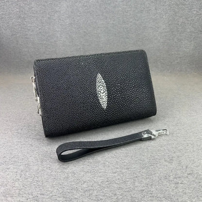 Authentic Sand Polish Stingray Skin Business Zip Lock Wristlet Clutch, Genuine Exotic Leather Black Card Purse for Men