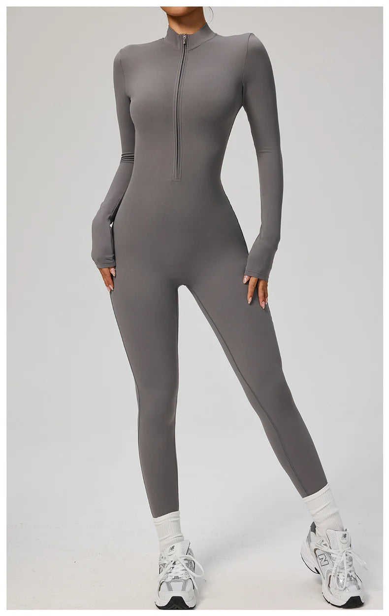 TRY TO BN Women's Jumpsuit Long Sleeve Zipper Shapewear Bodysuit Yoga Fitness One Piece Tights Gym Clothing Mono Deportivo Mujer