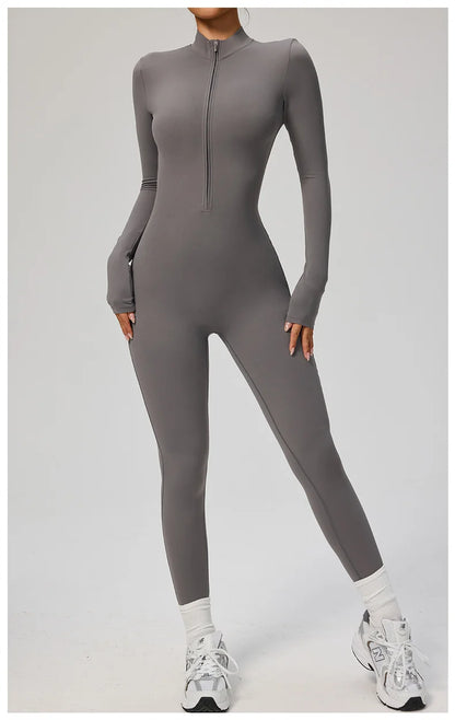 TRY TO BN Women's Jumpsuit Long Sleeve Zipper Shapewear Bodysuit Yoga Fitness One Piece Tights Gym Clothing Mono Deportivo Mujer