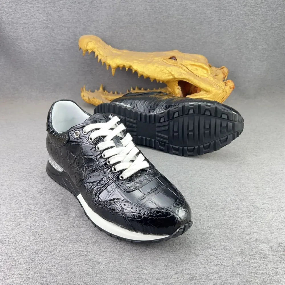 2026 new authentic crocodile leather men's black sneakers real crocodile leather men's soft lace-up casual shoes