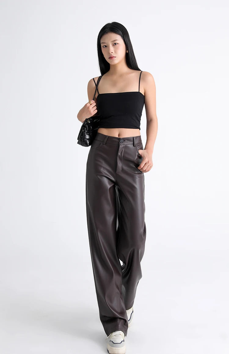 BIVIGAOS Fall Winter Fleece Loose Wide Leg Warm Leather Pants Women Button Pocket High Waist Thick PU Casual Straight Pants