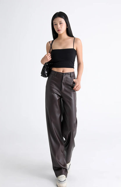 BIVIGAOS Fall Winter Fleece Loose Wide Leg Warm Leather Pants Women Button Pocket High Waist Thick PU Casual Straight Pants