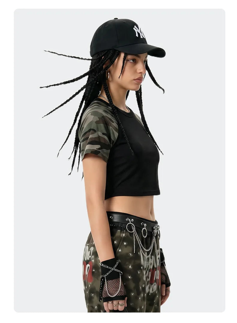 Custom LOGO Women's American Street Spice Girl Camouflage Ragged Short Sleeve T-Shirt 210G Cotton Slim-fit Contrast Top