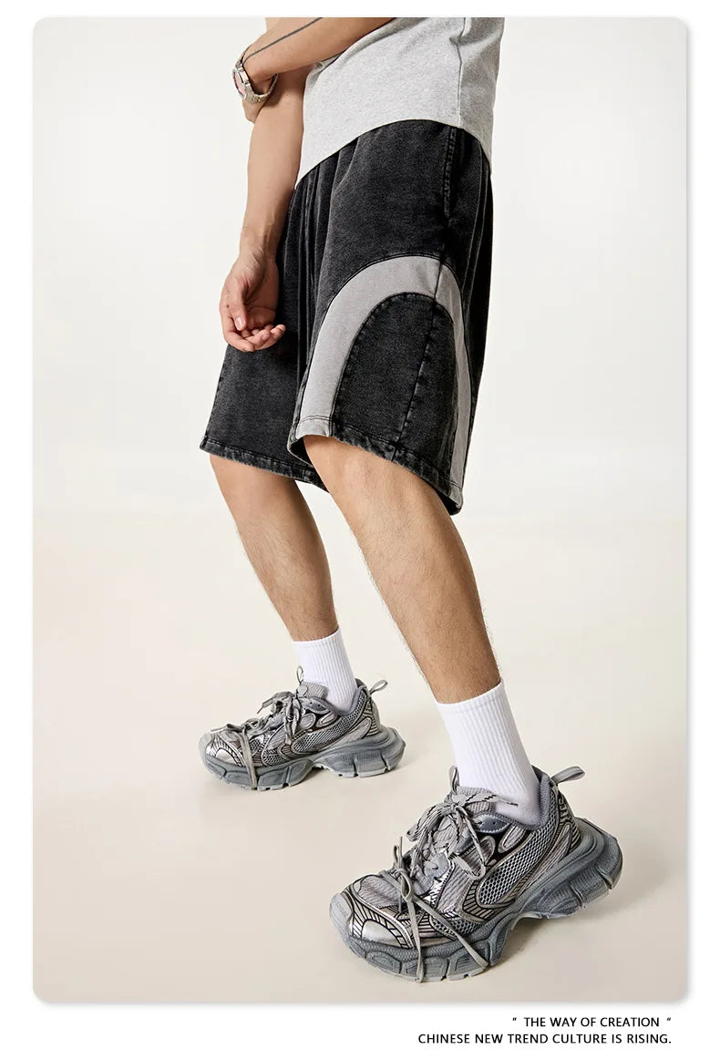 Customized LOGO men's summer European and American hip-hop style splicing contrasting shorts loose straight five-point pants
