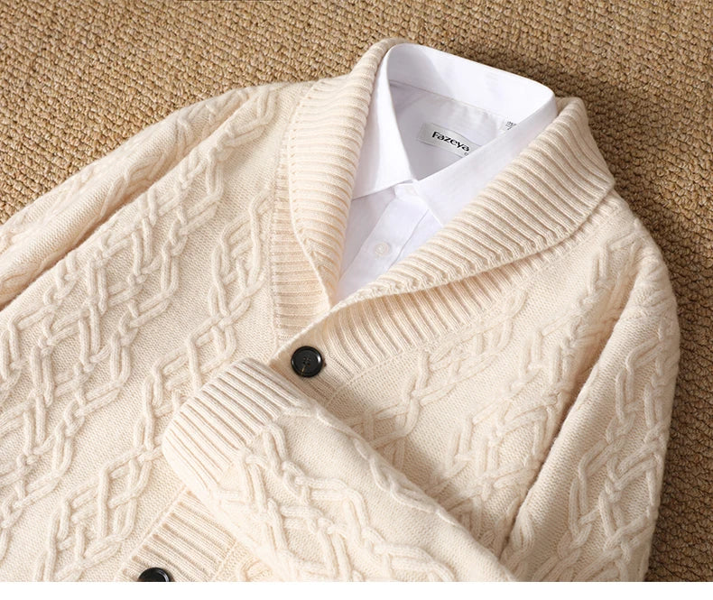 2025 Autumn Winter New Five Needle Thick 100% Merino Wool Sweater Men's Lapel Knit Cardigan Business Casual Warm Shirt Menswear