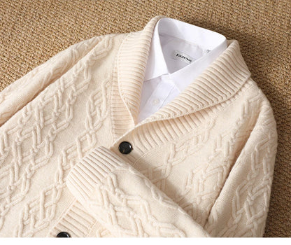 2025 Autumn Winter New Five Needle Thick 100% Merino Wool Sweater Men's Lapel Knit Cardigan Business Casual Warm Shirt Menswear