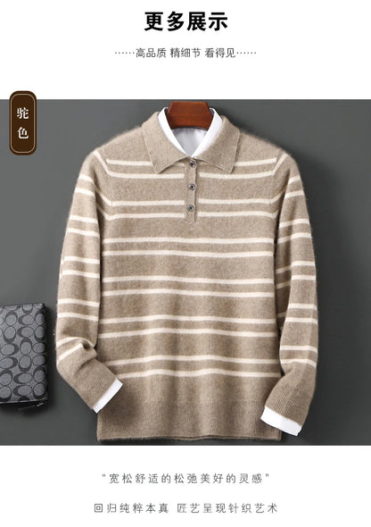 Men Leisure 100% Merino Wool Sweater Polo Collar Knit Pullover Autumn Winter Cashmere Clothing Casual Business Color Stripe Top