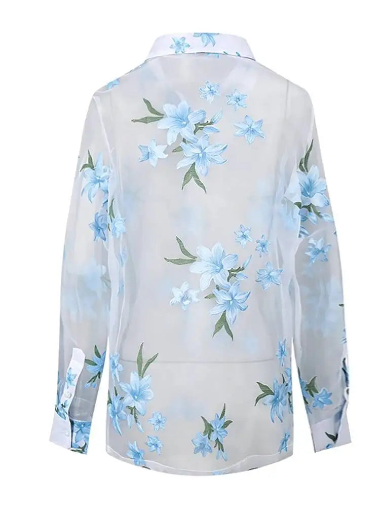 DEAT Fashion Floral Print Sheer Organza Shirt Women's Lapel Loose Light Blue Blouse Summer New