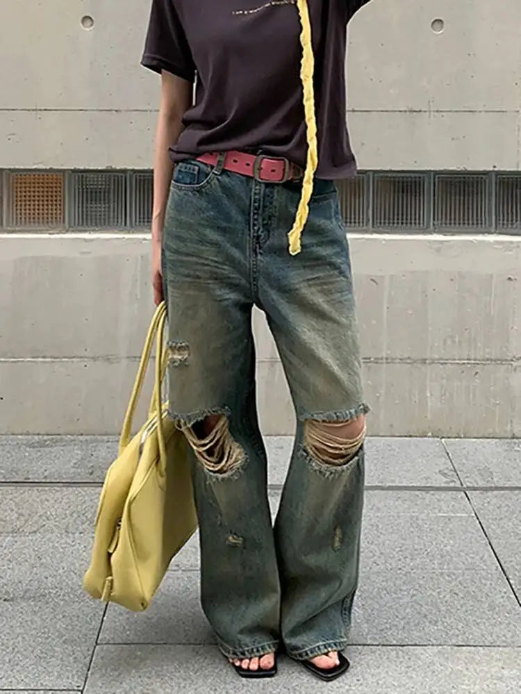 DEAT Fashion Destroyed Straight Leg Jeans Women's High Waist Light Blue Wide Leg Denim Pants Summer New 7A4549