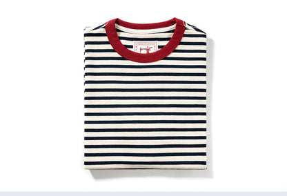 Summer new pure cotton T-shirt men's American retro contrasting shirt versatile couple short sleeved T-shirt striped base shirt